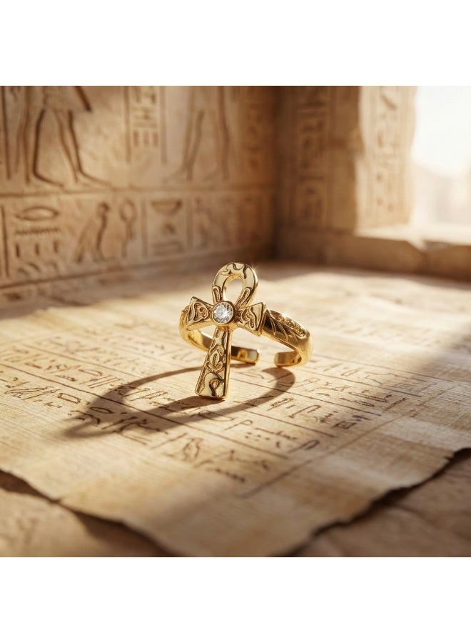 Shein 316 Stainless Steel Ankh Ring – Free Size – Gold Egyptian Life Symbol with Engraved Details – Anti‑Rust & Anti‑Fade - Image 2
